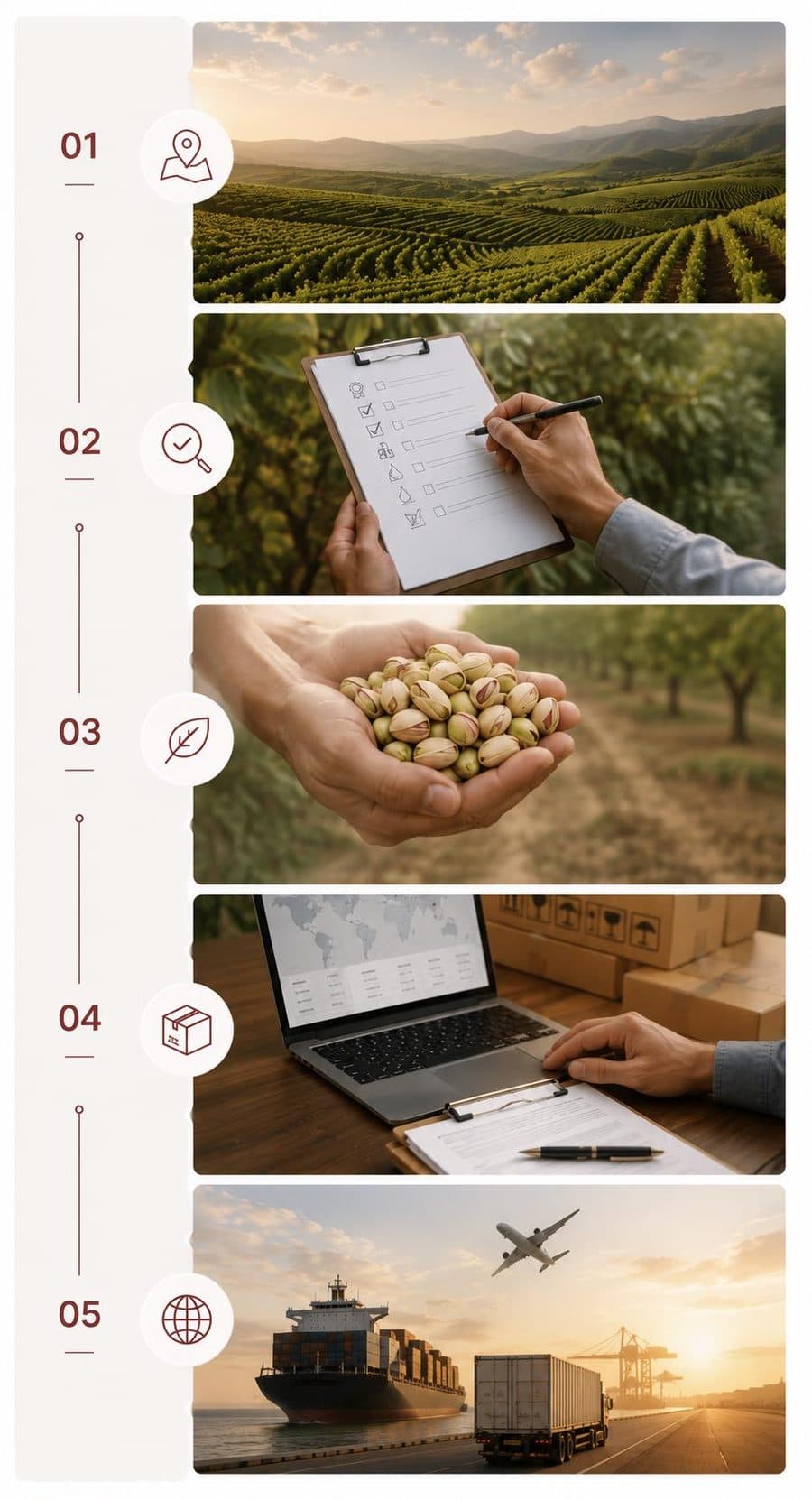 The five stages of PAYA ORIGIN's sourcing process, from farm to port: identify, evaluate, source, coordinate, and deliver