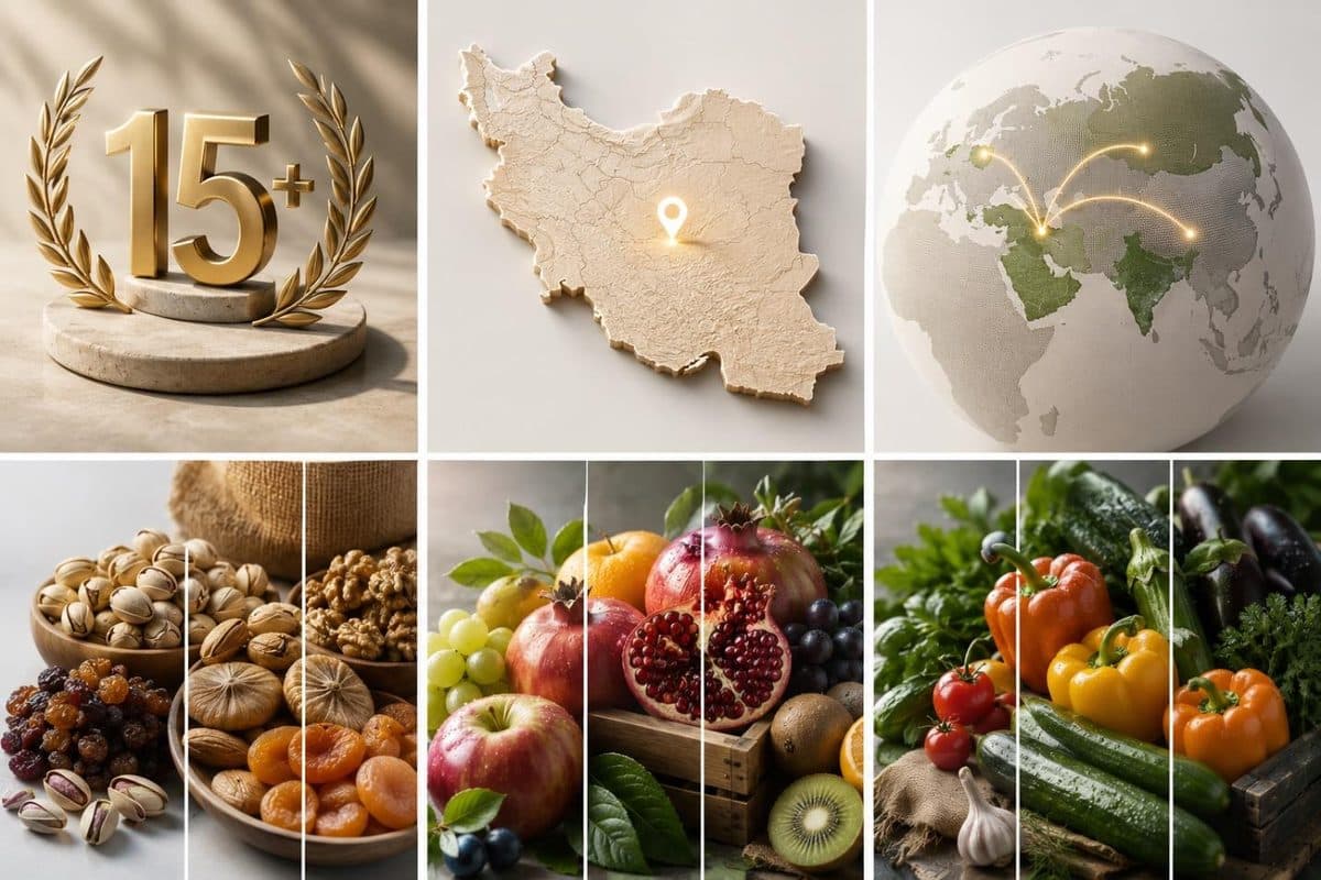 A collage of a 15+ years award, a map of Iran, a world map with sourcing routes, and PAYA ORIGIN's dried fruit, fresh fruit, and vegetable categories